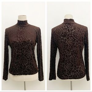 Vintage Brown Burnout Velvet Long Sleeve Mock Neck Top